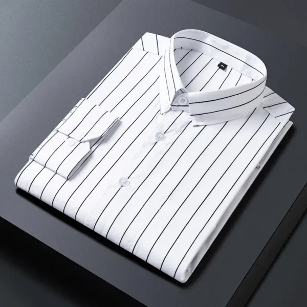 2024 New Spring And Autumn Korean Edition Trendy And Handsome Inner Collar With Stripe Print Non Ironing Casual Shirt For Men – Image 2