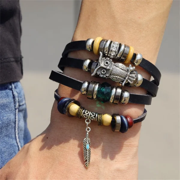 Fnio 2022 Punk Evil Eye Leaves Pendant Multilayer Leather Bracelet Man Woman Charm Life Tree Jewelry Bangle Bijouterie – Image 4