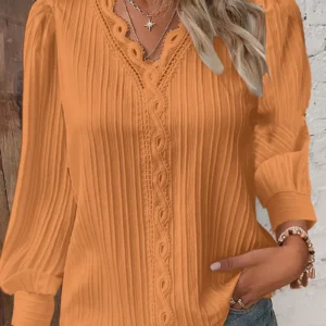 Élégant été dentelle creuse Patchwork femmes chemise Chic Blouse col en V à manches longues chemise plaine dentelle décontracté basique régulier hauts