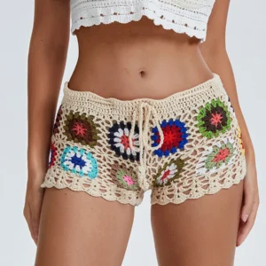 Short en tricot au Crochet pour femmes, pantalon court de plage, décontracté, ajouré, taille élastique, cordon de serrage, bas de sommeil pour salon, Y2K, été