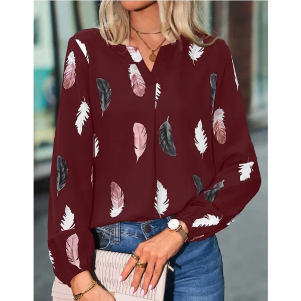 Mode Femme Blouse Chemises Pour Femmes Haut Élégant À Manches Longues Motif De Plumes Femmes Hauts Élégant En Mousseline De Soie Mujer Femme Vêtements – Image 5