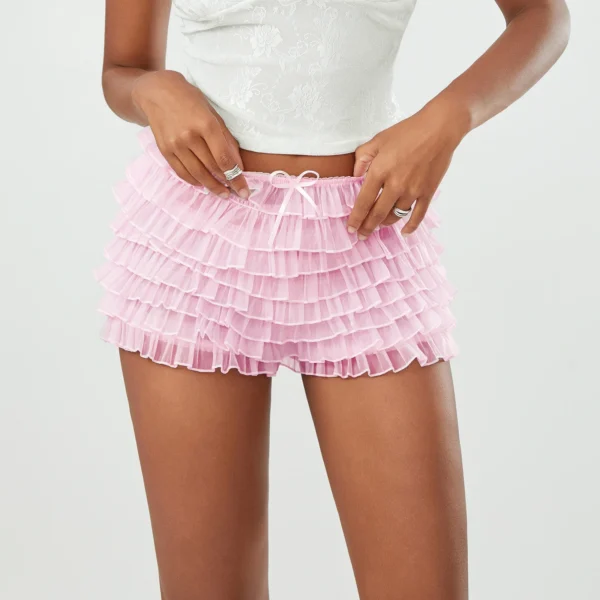 Short D'Été À Volants Pour Femmes, Couleur Unie, Pantalon Court En Maille Multicouche, Doux Et Mignon, Bloomers – Image 4