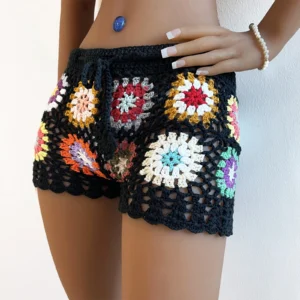 Gaono-Short en tricot crocheté pour femme, taille élastique évidée, pantalon court avec cordon de serrage, short lounge vintage, été, Y2K