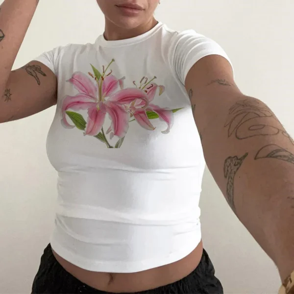 Gaono Women Y2K Short Sleeve Baby Tee Cute Graphic Print Slim Fit Crop Top E-Girl Vintage Aesthetic Flower T Shirt Summer – Image 2