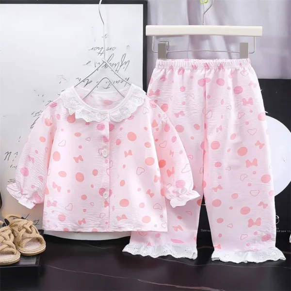 Girls Kids Home Clothes Set New Loose Thin Baby Pajamas Fashion Lace Floral Princess Children Air Conditioner Long Sleeve+Pants – Image 6