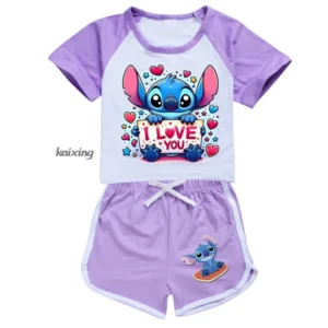 New Lilo And Stitch Girls Boys Clothing Set Kids Sports T shirt+Shorts Set Children Clothing Casual Comfort outfits Pyjamas Gift