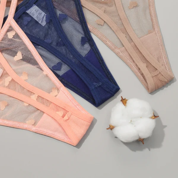 3 Pièces Dentelle Pure String Culottes Femmes Sexy Taille Basse Sans Couture Lingerie Coeur Voir À Travers Maille Caleçon Lingerie Intime – Image 4