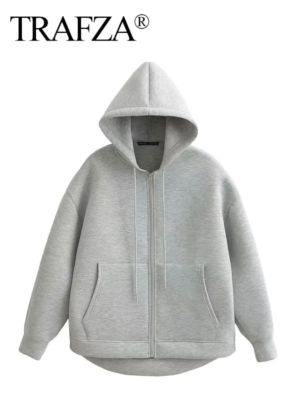 Trafza Automne Femmes Gris Veste Avec Capuche À Manches Longues Grande Poche Veste À Glissière Manteau Femme Ample Vêtements D'Extérieur Décontractés Manteau Hauts