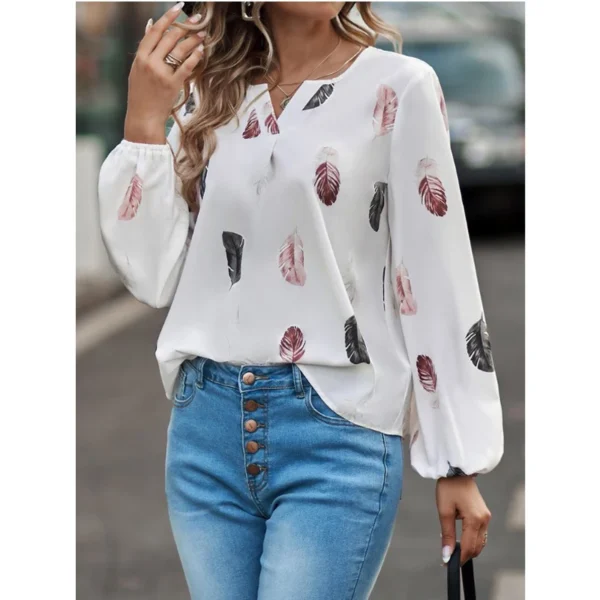 Mode Femme Blouse Chemises Pour Femmes Haut Élégant À Manches Longues Motif De Plumes Femmes Hauts Élégant En Mousseline De Soie Mujer Femme Vêtements – Image 6