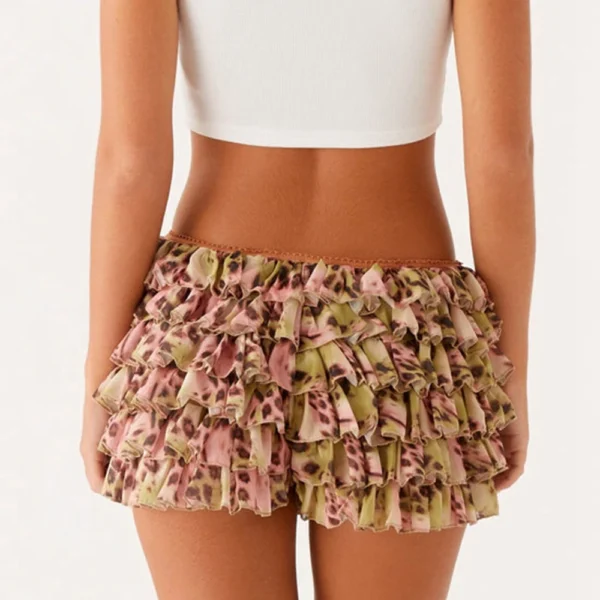 Combhasaki Mini Jupes-Shorts D'Été Y2K Pour Femmes, Taille Basse Élastique Avec Nœud Noué, Imprimé Fleur/Léopard, Volants Superposés, Slim – Image 3
