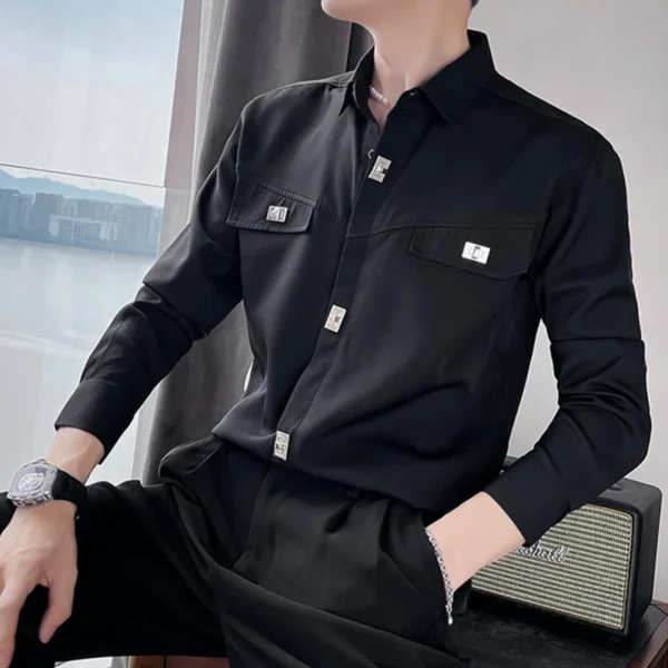Chemise À Manches Longues Monochromatique À Col Polo Pour Hommes, Ensemble De Pantalons Noirs, Chemisier Cardigan Assressenti, Mode Décontractée, Printemps, Automne – Image 6