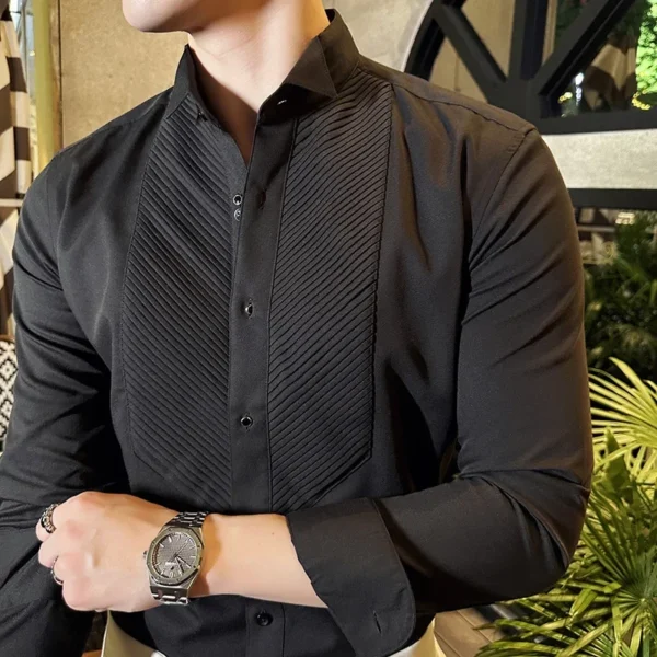 Chemise Habillée À Manches Longues Pour Hommes, Col À Ailes Françaises, Couleur Unie, Décontractée, Blanche Et Noire, Mode Banquet Social, Smoking, Automne 2024 – Image 5