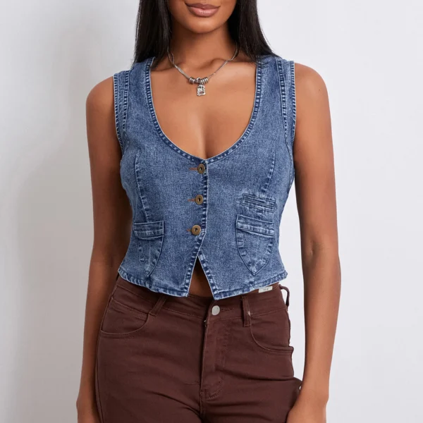 Gaono Women Sleeveless Button Down Denim Vest Deep V Neck Jean Tank Tops Y2K Sexy Going Out Solid Slim Fit Denim Crop Top – Image 4