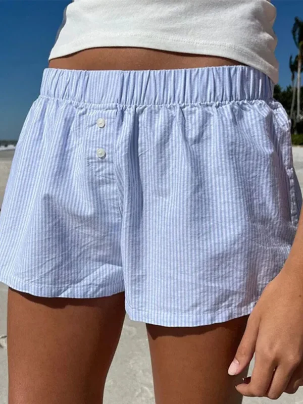 Short Décontracté À Imprimé Rayé Pour Femme, Taille Élastique, Bas Boutonnés, Streetwear Chic, Basique, Mode Y2K