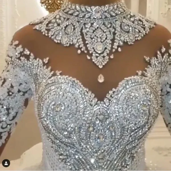 Robe De Mariée À Col Haut En Biscuits, Robe De Rhbouffante, Appliques En Dentelle 3D, Manches Longues, Vêtements Personnalisés Pour Les Patients, Quel Que Soit, Cristal De Dubaï – Image 5