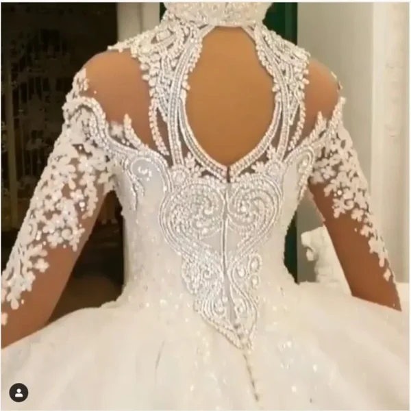 Robe De Mariée À Col Haut En Biscuits, Robe De Rhbouffante, Appliques En Dentelle 3D, Manches Longues, Vêtements Personnalisés Pour Les Patients, Quel Que Soit, Cristal De Dubaï – Image 2