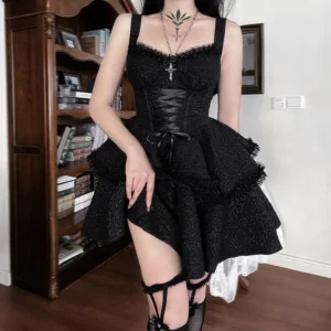 Robe de soirée sexy à lacets européenne et américaine Robe à bretelles noire pure