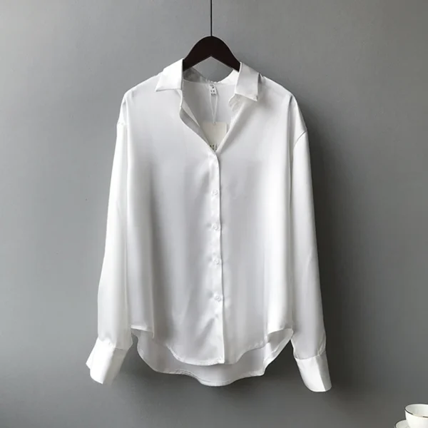 Printemps Mode Boutonné Satin Soie Chemise Vintage Blouse Femmes Hauts Blancs Dame Manches Longues Femme Lâche Chemises De Rue 11355 – Image 6