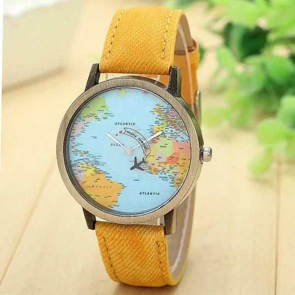 2022 Fashion Global World Map Plane Denim Fabric Band Watch Casual Men Women Wristwatches Quartz Watch Gift Horloges Relógio – Image 6