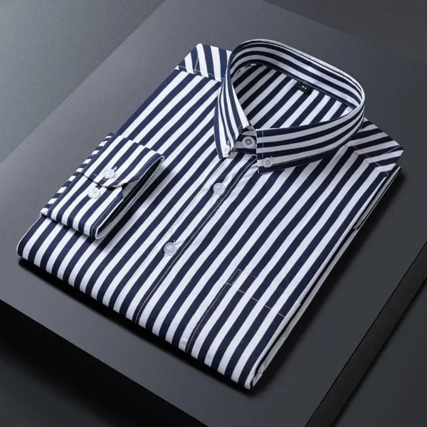 2024 New Spring And Autumn Korean Edition Trendy And Handsome Inner Collar With Stripe Print Non Ironing Casual Shirt For Men – Image 4