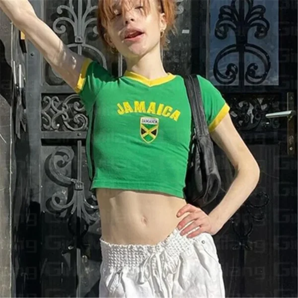 Gaono Jamaica Shirts For Women Baby Tees Graphic Y2K Crop Tops Short Sleeve Grunge T-Shirt Summer Aesthetic Fairycore Clothing – Image 4