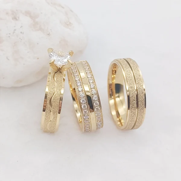 Bagues De Fiançailles Et De Mariage En Acier Inoxydable Plaqué Or 24 Carats – Image 4