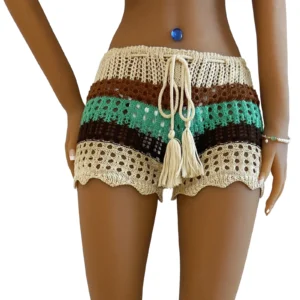 Sarong amissié en crochet pour femmes, short de plage en tricot transparent à rayures, bas de bikini d'été, cover-up