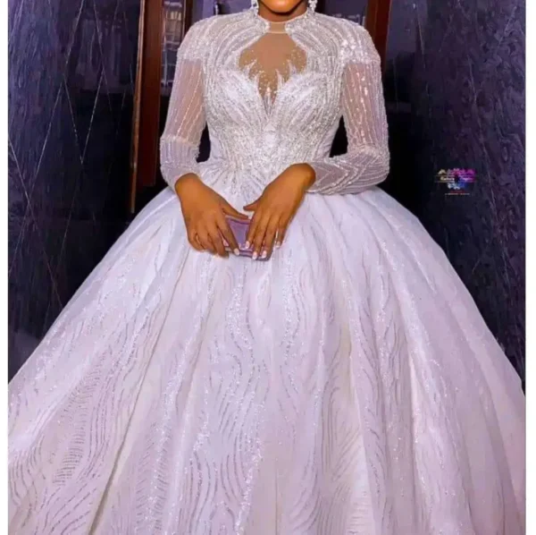 Magnifique Robe De Mariée En Dentelle Transparente À Col Haut Et Manches Sulf, Tenue De Bal, Paillettes Appliquées, Grande Taille, Personnaliser Les Patients, Quelle Que Soit – Image 2