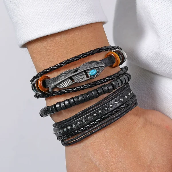 Fnio 2022 Punk Evil Eye Leaves Pendant Multilayer Leather Bracelet Man Woman Charm Life Tree Jewelry Bangle Bijouterie – Image 6