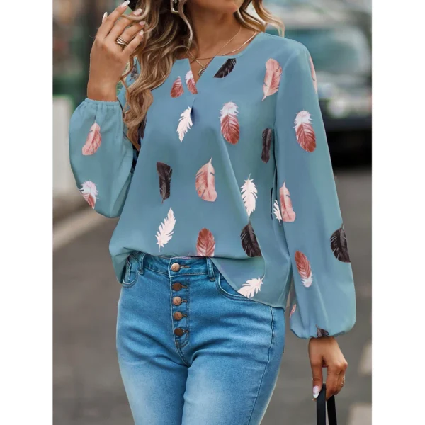 Mode Femme Blouse Chemises Pour Femmes Haut Élégant À Manches Longues Motif De Plumes Femmes Hauts Élégant En Mousseline De Soie Mujer Femme Vêtements – Image 3