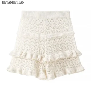 EllYANEllTIAN-Short en tricot amissié crocheté pour femme