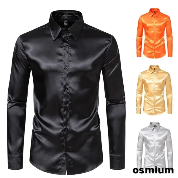 Chemise En Satin À Manches Longues Pour Hommes, Chemise De Boîte De Nuit, Chemise Dorée, Bleu, Orange, Vêtements De Performance, Grande Taille, Média, Automne, Hiver, Nouveau – Image 2