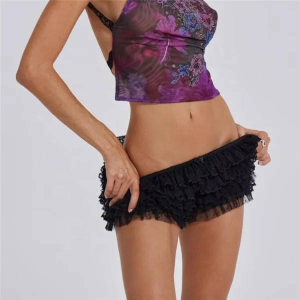 Short À Volants En Dentelle Pour Femme, Jupe Superposée, Jupe À Plusieurs Niveaux, Décor De Nœud, Taille Basse, Mode Douce, Été – Image 3