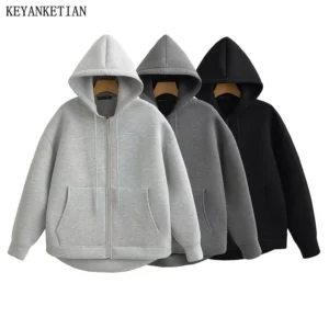 KEYANKETIAN hiver nouveau sweat à capuche avec fermeture éclair pour femme haute rue style unisexe Double poches surdimensionné sweat-shirts amples haut d'extérieur