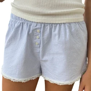 Short à boutons sur le devant avec bordure en dentelle, short décontracté, short de sortie, pyjama à imprimé rayé, taille élastique, Y2K, Kawaii