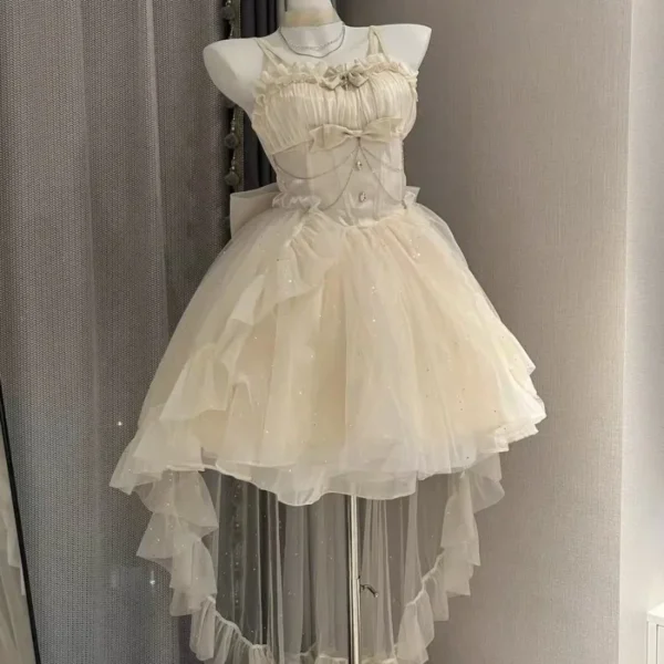 Femmes Kawaii Volants Nœud Jarretelle Robes De Princesse Victorien Gothique Lolita Jsk Mini Robe Fille Douce Fée Fête Traînant Robe – Image 2