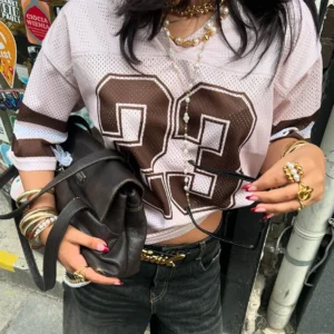 Gaono Women Y2k Graphic Oversized Jersey Tee Sporty Aesthetic Number Letter Print Jersey Shirt Preppy Clothes Retro Streetwear