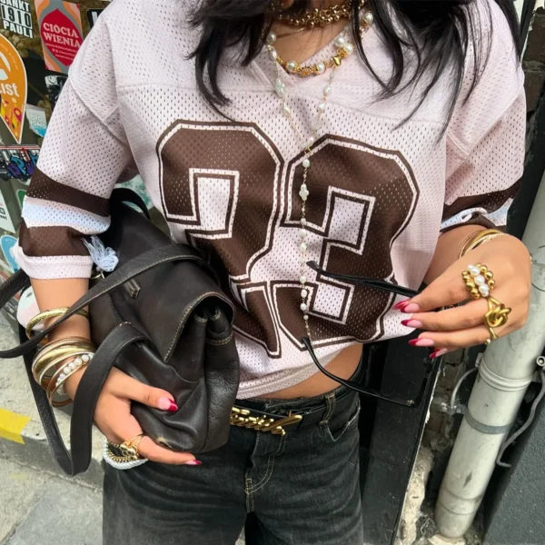 Gaono Women Y2K Graphic Oversized Jersey Tee Sporty Aesthetic Number Letter Print Jersey Shirt Preppy Clothes Retro Streetwear