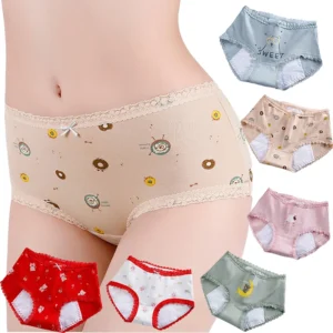3 pièces culottes menstruelles filles taille moyenne dessin animé ours coton période slips doux anti-fuite absorbant Incontinence sous-vêtements S-XL