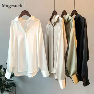 Printemps mode boutonné Satin soie chemise Vintage Blouse femmes hauts blancs dame manches longues femme lâche chemises de rue 11355