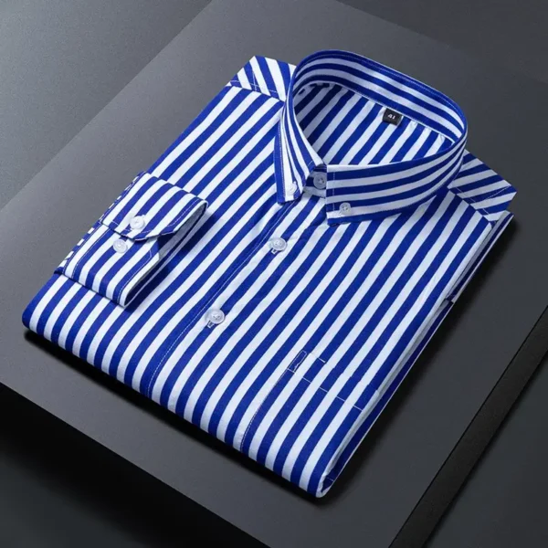 2024 New Spring And Autumn Korean Edition Trendy And Handsome Inner Collar With Stripe Print Non Ironing Casual Shirt For Men – Image 3