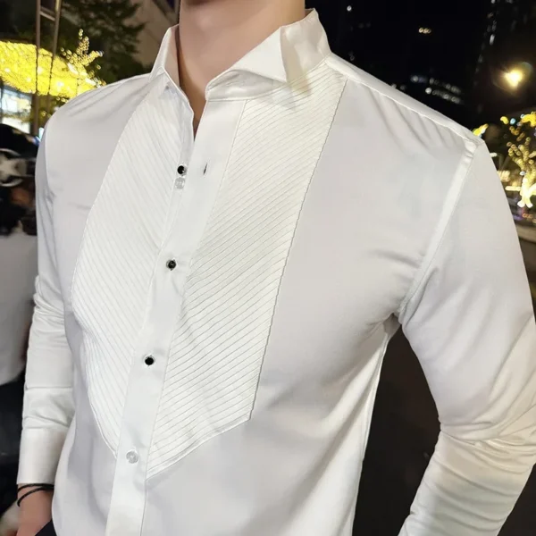 Chemise Habillée À Manches Longues Pour Hommes, Col À Ailes Françaises, Couleur Unie, Décontractée, Blanche Et Noire, Mode Banquet Social, Smoking, Automne 2024 – Image 3