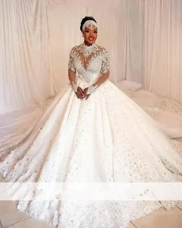 Robe De Mariée Citroball Personnalisée À Col Haut Et Perles, Grande Taille, Avec Traîne De Balayage, Manches Sulf, Pour Patients – Image 3