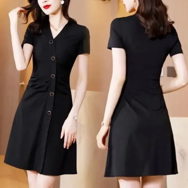 Robe Noire À Épissures De Boutons Pour Femme Au Bureau, Col En V, Élégante, À Manches Courtes, Slim, Assortie Avec Tout, Mode, Style Coréen, Été, 2022 – Image 3