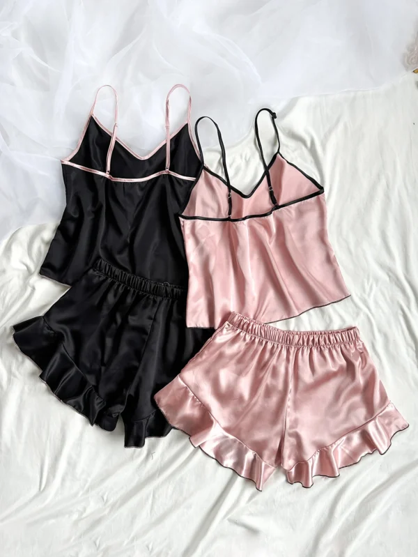 Pyjama En Satin Lisse Pour Femmes, T-Shirt À Col En V – Image 2