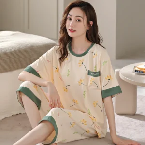 Sweet Flower Set Short Sleeves Calf Length Pants Summer Spring Autumn Cute Sleepwear Kawaii Pyjamas Soft Pijamas Cozy Pj