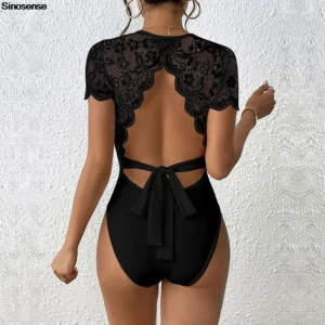 Costume de batterie dos nu en dentelle florale pour femme, manches courtes, col rond, justaucorps à lacets dans le dos, fin, lit, boîte de nuit, fête, Y2K