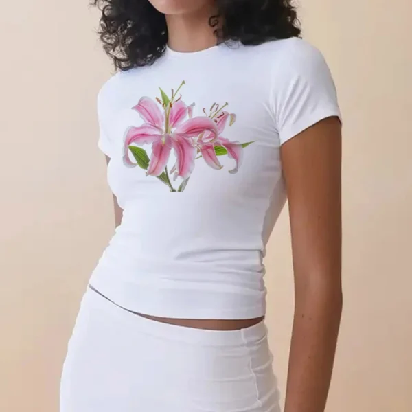 Gaono Women Y2K Short Sleeve Baby Tee Cute Graphic Print Slim Fit Crop Top E-Girl Vintage Aesthetic Flower T Shirt Summer – Image 3