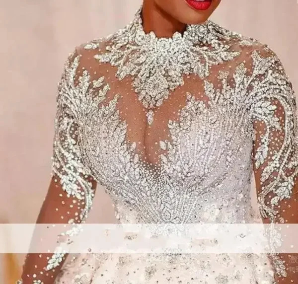 Robe De Mariée Citroball Personnalisée À Col Haut Et Perles, Grande Taille, Avec Traîne De Balayage, Manches Sulf, Pour Patients – Image 2