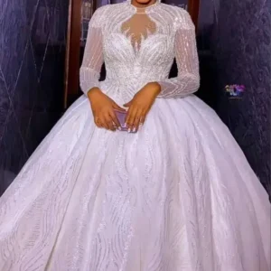Magnifique Robe de Mariée en Dentelle Transparente à Col Haut et Manches sulf, Tenue de Bal, Paillettes Appliquées, Grande Taille, Personnaliser les Patients, Quelle que soit